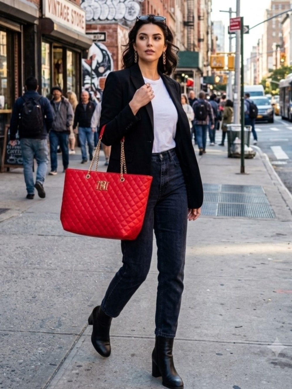 Badgley Mischka Quilted Red Tote Bag with Gold Chain Handles